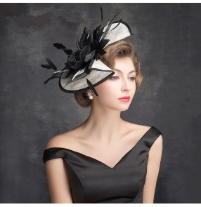 Women's female ivory with black England vintage style linen sinamay pillbox hats banquet event wedding evening party hats