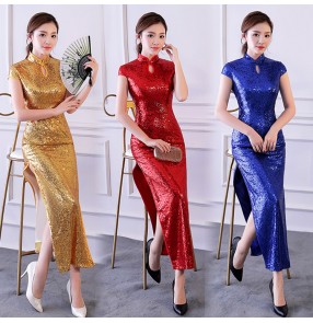 women's female sequin Chinese dresses Chinese traditional qipao dresses host singers stage performance cheongsam dresses