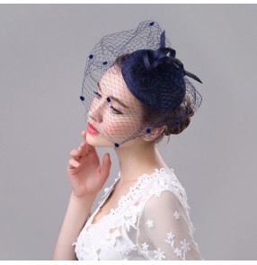 Women's female vintage sinamay pillbox top hats navy black ivory wedding evening party banquet linen top hats