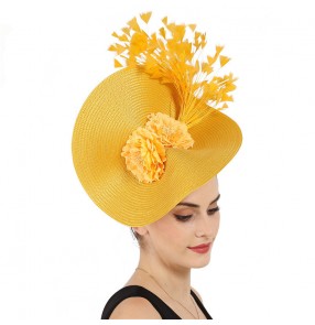 Women's female yellow fasinators noble straw pillbox top hats wedding event party show stage performance fascinators hats