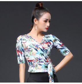 Women's floral printed latin dance tops ballroom waltz tango samba chacha dance tops 