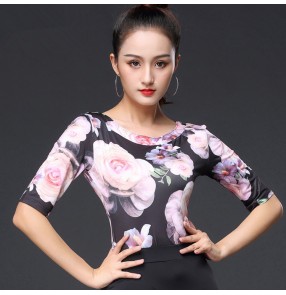 Women's floral printed latin tops ballroom tango waltz flamenco dance tops stage performance latin rumba salsa chacha dance shirts blouses