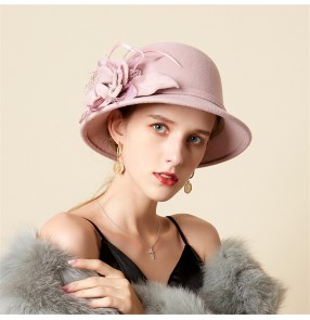 Women's flowers bucket hat fisherman's hat Ladies autumn and winter fashion feather flowers Basin hat retro dome woolen felt hat outdoor warm top hat