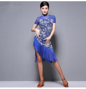 Women's  flroal printed cheongsam latin dance dresses rumba salsa chacha rumba dance dresses skirts