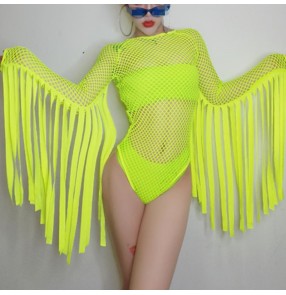 Women's fluorescent green fringes singers jazz hiphop dance bodysuits gogo dancers lead dancers stage performing jumpsuits 