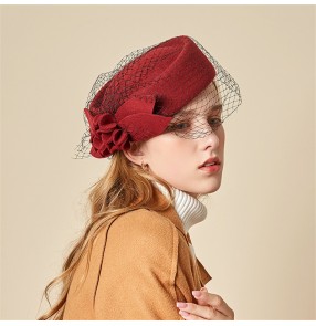 women's French retro Pillbox hat fashion fascinators mesh beret ladies elegant flowers woolen stewardess hat fashion ladies autumn and winter top hat