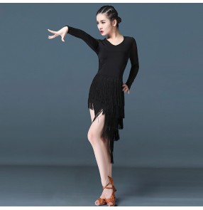 Women's fringes black colored latin dance dress stage performance salsa rumba chacha dance dress