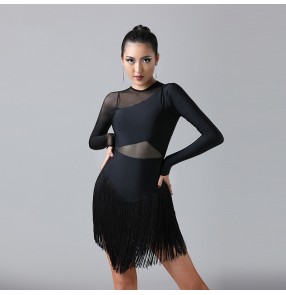 Women's fringes black colored  latin dance dresses competition salsa chacha rumba dance dresses