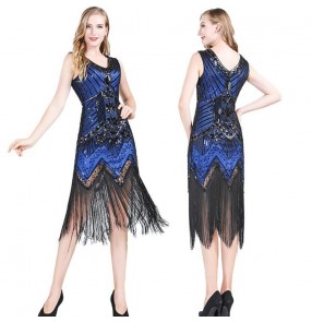 Women's fringes latin dance dress royal blue red silver gold sequin fringes singers gogo dancers stage performance evening dress