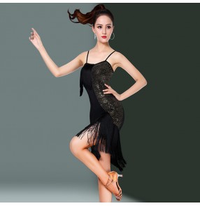 Women's fringes latin dance dresses black and red competition stage performance salsa chacha rumba dance skirts dress