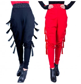 Women's fringes latin dance  pants rhinestones red black colored female salsa chacha rumba samba dance hamrem pants trousers