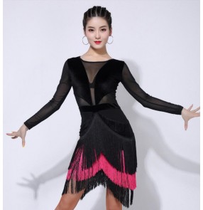 Women's fringes velvet latin dance dresses salsa rumba chacha dance dress costumes