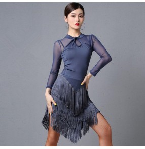 Women's fringes wine grey latin dance dresses stage performance salsa rumba chacha dance costumes