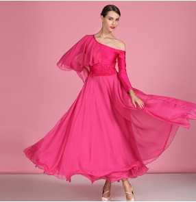 Women's fuchsia ballroom dancing dresses one shoulder foxtrot rhythem chacha waltz tango dance dress