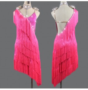 Women's fuchsia rhinestones tassels competition latin dance dresses stage performance professional rumba samba chacha dance dresses