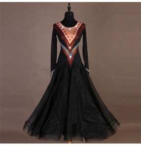 Women's girls ballroom dancing dresses female black color rhinestones professional ballroom waltz tango long length competition dresses