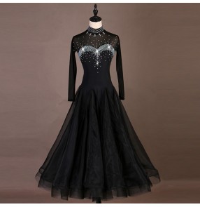Women's girls ballroom dancing dresses female black rhinestones waltz tango girls competition performance dresses