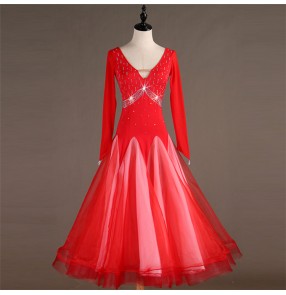 Women's girls ballroom dancing dresses stones competition girls female red black waltz tango ballroom dance dresses