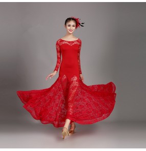 Women's girls ballroom dresses lace long sleeves red blue competition stage performance waltz tango chacha dancing costumes