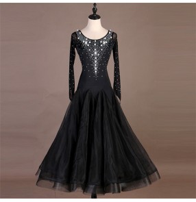 Women's girls black ballroom dancing dress beads stones competition foxtrot stage performance tango waltz dancing dresses