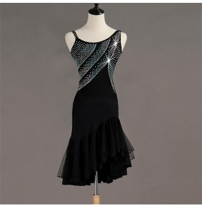 Women's girls black colored competition latin dance dresses rhinestones salsa rumba samba chacha dance dresses