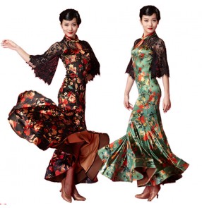 Women's girls black green floral velvet ballroom dancing dresses stage performance tango waltz dance dress