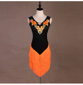 Women's girls black orange tassels competition latin dance dress salsa dress
