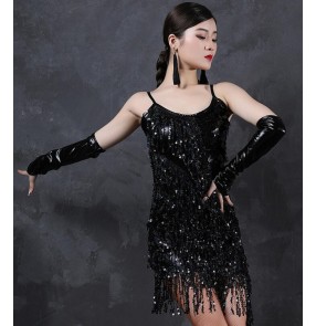 Women's girls black sequin fringes latin dance flapper dresses stage performance modern dance jazz singers cheerleaders performing dress