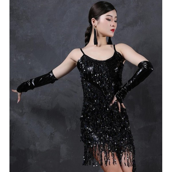 Women's girls black sequin fringes latin dance flapper dresses stage ...