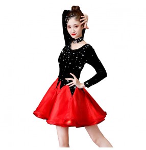 Women's girls black velvet with red rhinestones latin dance dresses salsa rumba chacha dance dress costumes