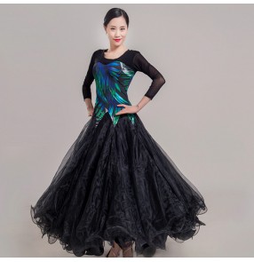 Women's girls black with blue printed ballroom dancing dress waltz tango flamenco dance dresses