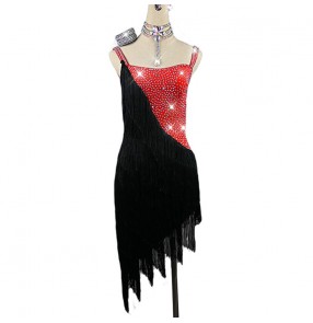  Women's girls black with red diamond competition fringes latin dance dress salsa dance dress