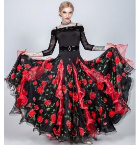 Women's girls black with red flowers competition ballroom dancing dresses waltz tango flamenco dresses