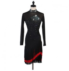 Women's girls black with red fringes rhinestones competition latin dance dresses salsa chacha dance dresses
