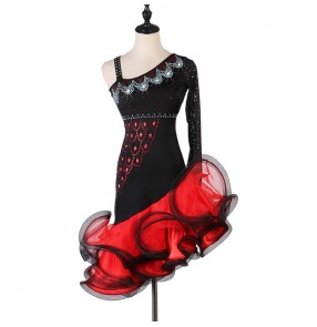 Women's girls black with red latin dance dresses with ruffles stage performance rhinestones salsa rumba chacha dance dresses