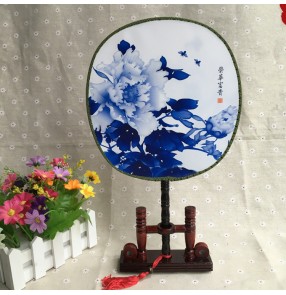 Women's girls Chinese folk dance fans princess blue rose Chinese dress show performance hand round fans