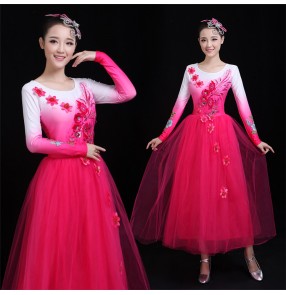 Women's girls chorus Chinese folk dance dress pink blue green colored flowers modern dance stage performance opening dance dresses