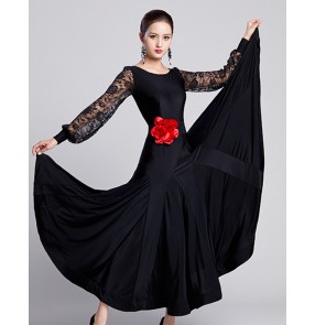 Women's girls competition ballroom dancing dress lycra fabric lace puff sleeves  stage performance waltz tango competition dance dress