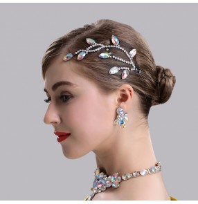 Women's girls competition ballroom latin dance bling rhinestones headdress stage performance hair accessories