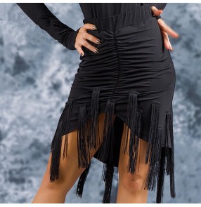 Women's girls dark green black tassels competition latin dance skirts modern dance salsa rumba samba chacha dance skirts