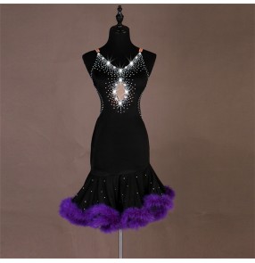 Women's girls feather latin dance dresses violet red with black rhinestones competition latin salsa rumba chacha dance dresses skirts