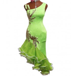 Women's girls fluorescent green rhinestones latin dance dresses salsa rumba chacha dance dress