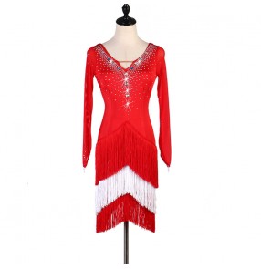 Women's girls fringes red color competition latin dance dresses rhythm stage performance salsa dress