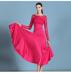 Women's girls fuchsia ballroom dancing dresses lace long sleeves female navy waltz tango dance dresses