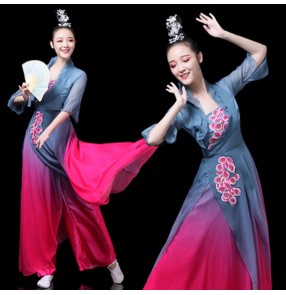 Women's girls hanfu pink with gray colored chinese ancient classical dance fairy dresses umbrella fan dance dresses stage performance drama cosplay kimono dress