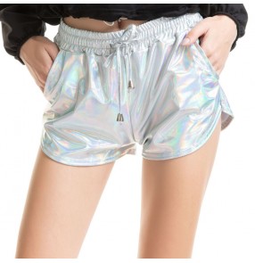 Women's girls hot dance jazz hiphop performance shorts glitter pu leather casual shorts