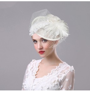 Women's girls ivory vintage England style feather sinamay linen pillbox hat brides banquet evening party hats