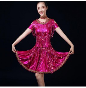 Women's girls jazz dance dresses sequin red gold singers host modern dance cheerleader latin square dance dresses