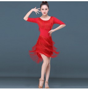 Women's girls latin dance dress red tassels fringes samba rumba chacha salsa dance dress skirts
