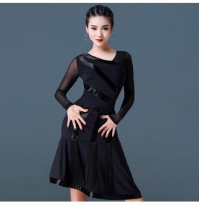 Women's girls latin dance dresses black colored velvet stage performance professional samba salsa chacha dance skirt dresses